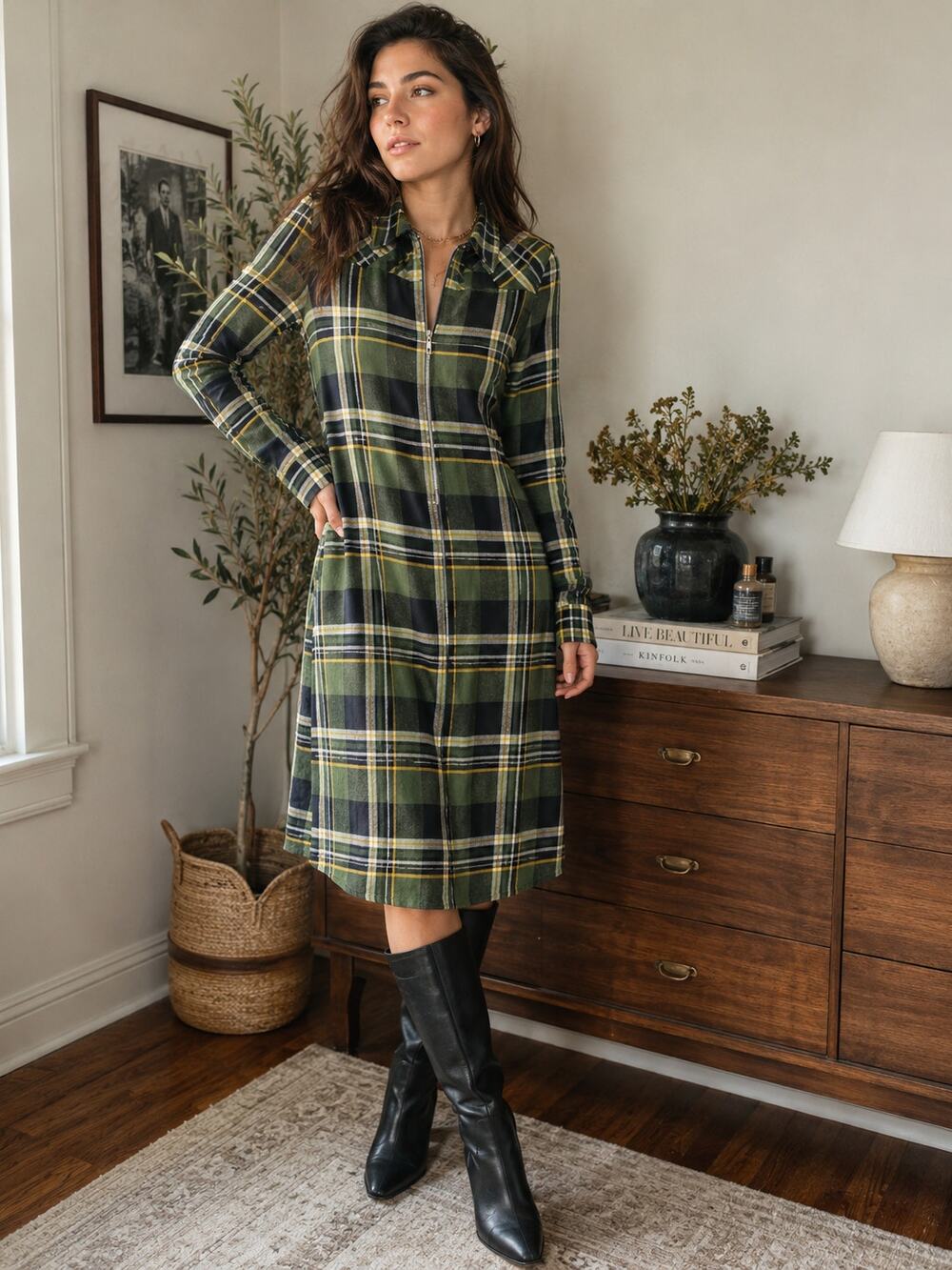 Rag & Bone Kellen Plaid Midi Shirt Dress Green Zip Front Collared Womens M